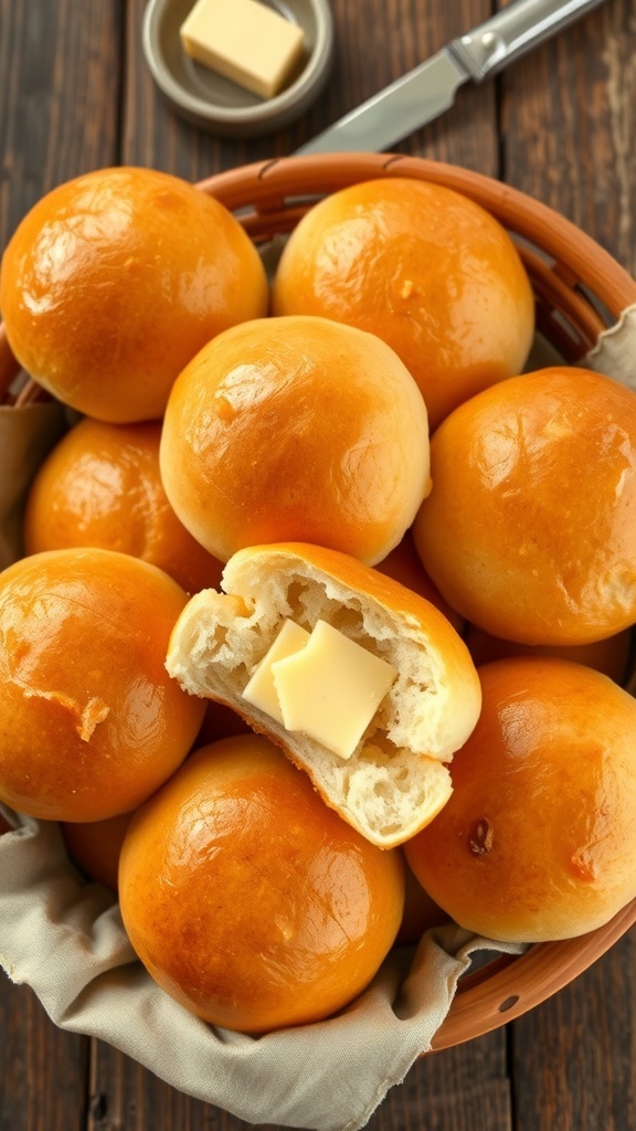 A basket of golden brown homemade yeast rolls, brushed with butter, on a wooden table.